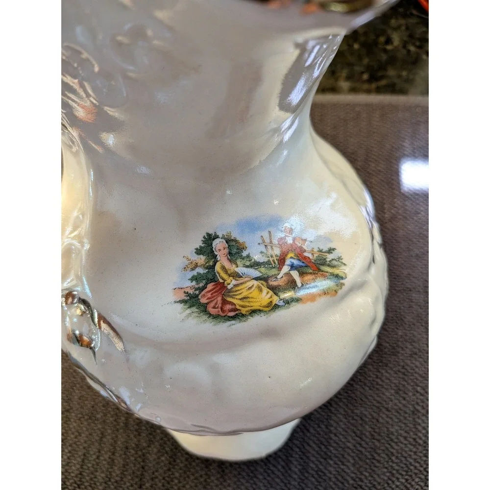 Vintage Ceramic Pitcher Basin Set Victorian Courting Scene 22K Gold Trim